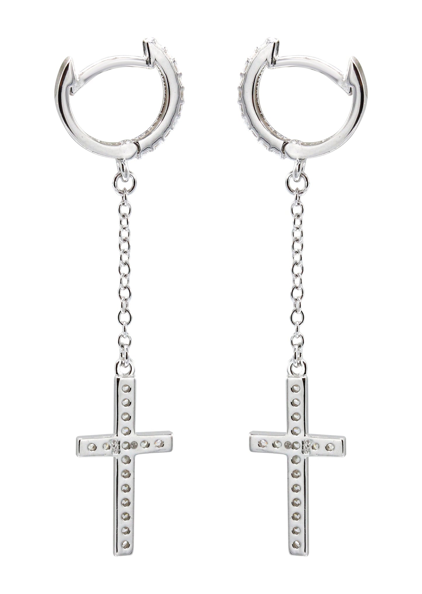 Mens Jewelry - Silver Cross Wire Dangling Iced Out VVS Hoop Earrings for Men | Appx. 2.5 Grams
