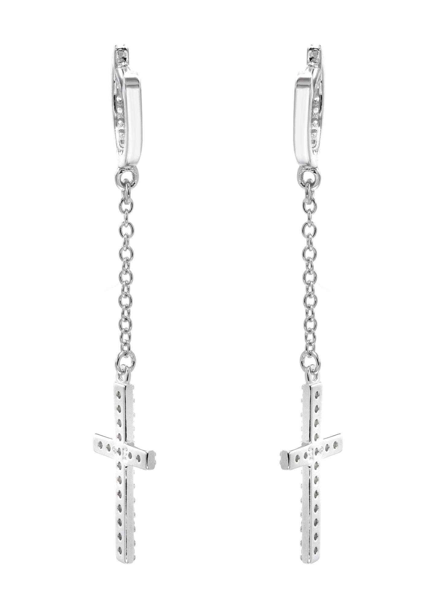 Mens Jewelry - Silver Cross Wire Dangling Iced Out VVS Hoop Earrings for Men | Appx. 2.5 Grams