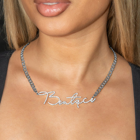 Women Jewelry - White Gold Iced Out VVS Name Necklace | Style # N39