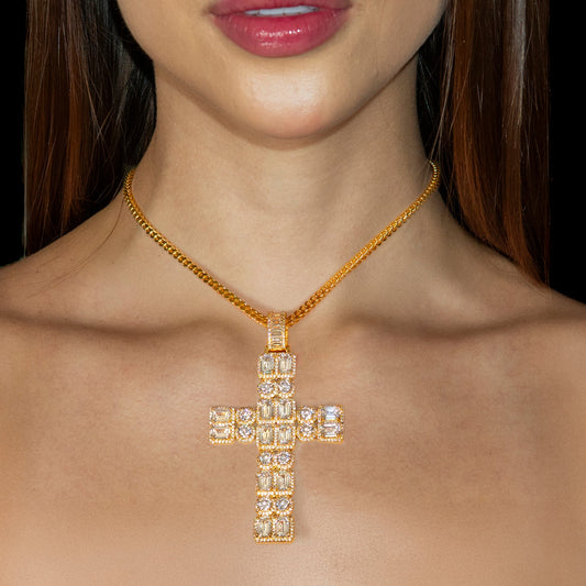 Womens Jewelry - Gold Iced Out VVS Emerald Cluster Cross Necklace | Appx. 38 Grams