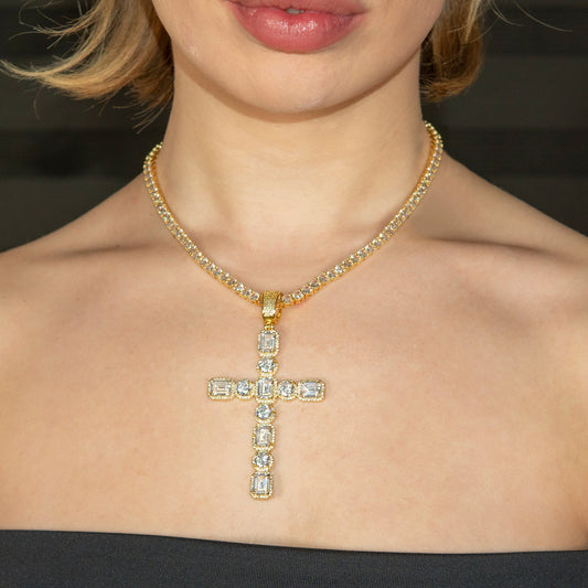 Womens Jewelry - 14K Gold Iced Out VVS Cross Necklace | 15.9 Grams