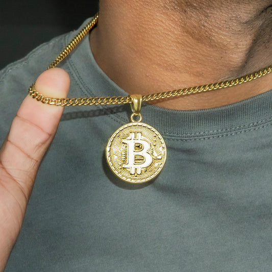 Mens Jewelry - 14K Gold Bitcoin Necklace | Appx. 17 Grams