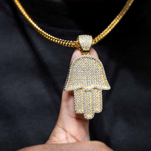 Mens Jewelry -  Gold Iced Out VVS Hamsa Necklace | Appx. 16 Grams