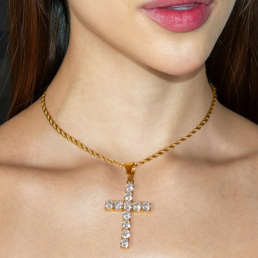 Womens Jewelry - 14K Gold Iced Out VVS Cross Necklace For Women | Appx. 13 Grams