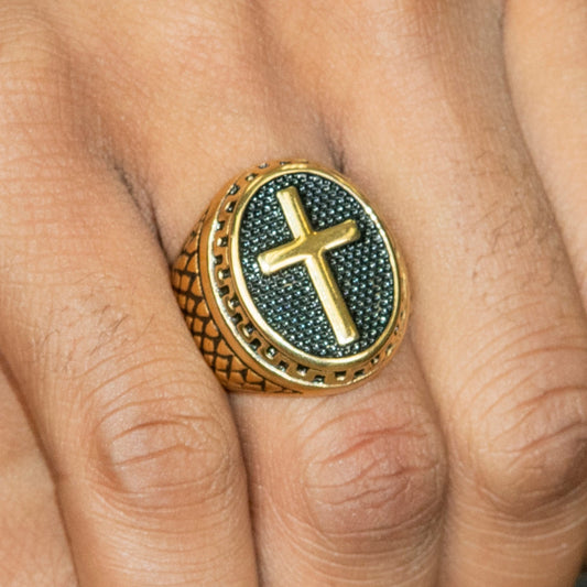 Mens Jewelry - Oval Cross Gold Pinky Ring | 17 Grams