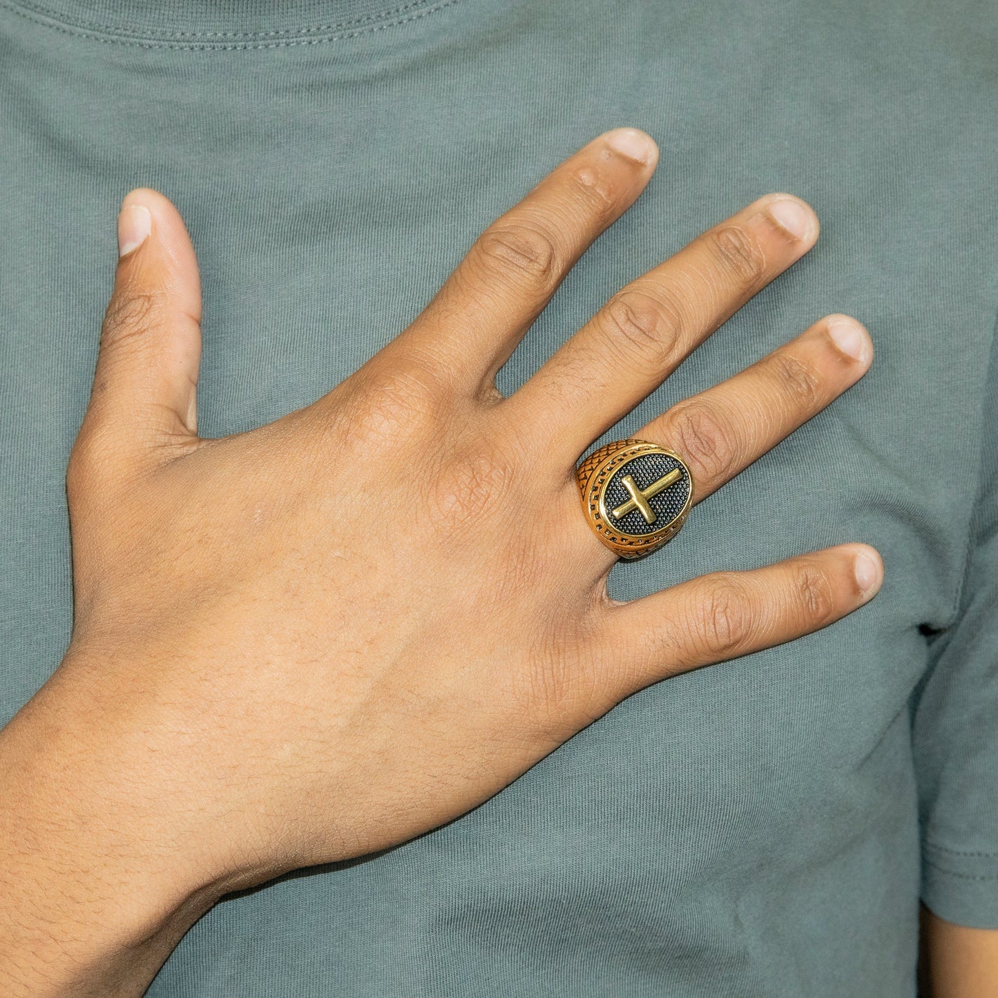 Mens Jewelry - Oval Cross Gold Pinky Ring | 17 Grams