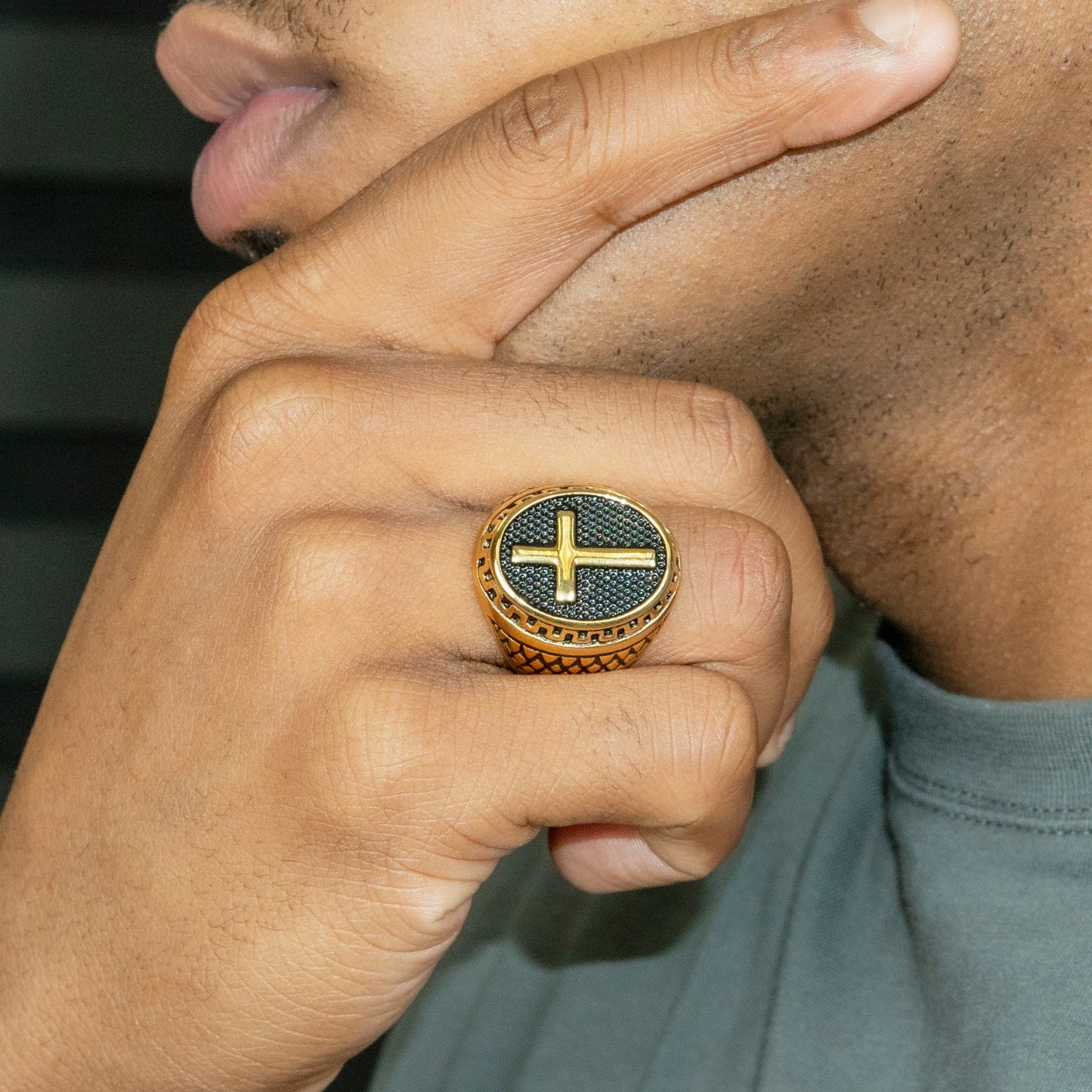 Mens Jewelry - Oval Cross Gold Pinky Ring | 17 Grams