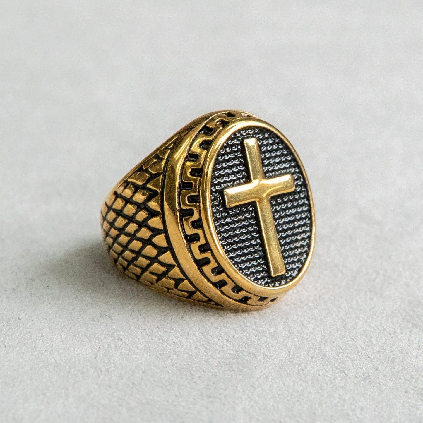 Mens Jewelry - Oval Cross Gold Pinky Ring | 17 Grams