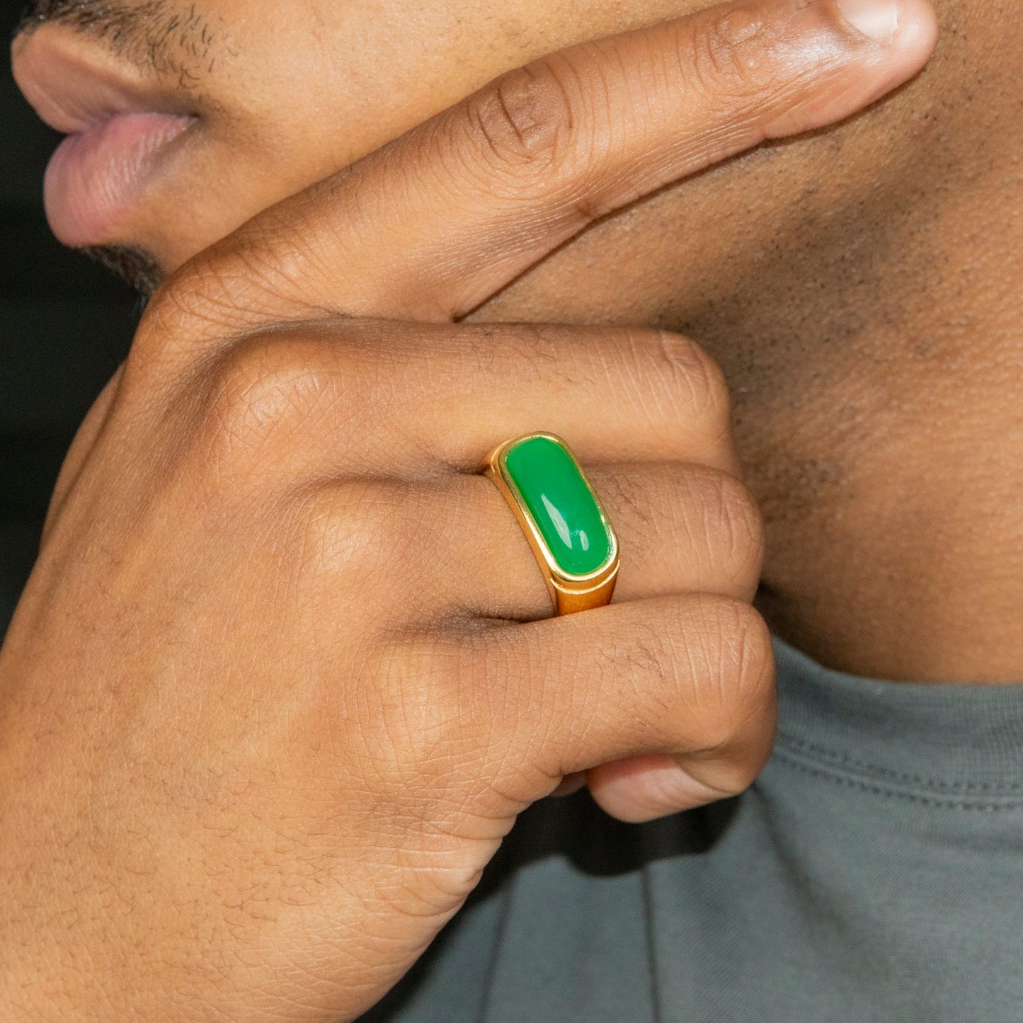 Mens Jewelry - Jade Gold Pinky Ring | 8 Grams