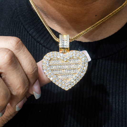Womens Jewelry - 14K Gold Iced Out VVS Baguette Heart Necklace | Appx. 38 Grams