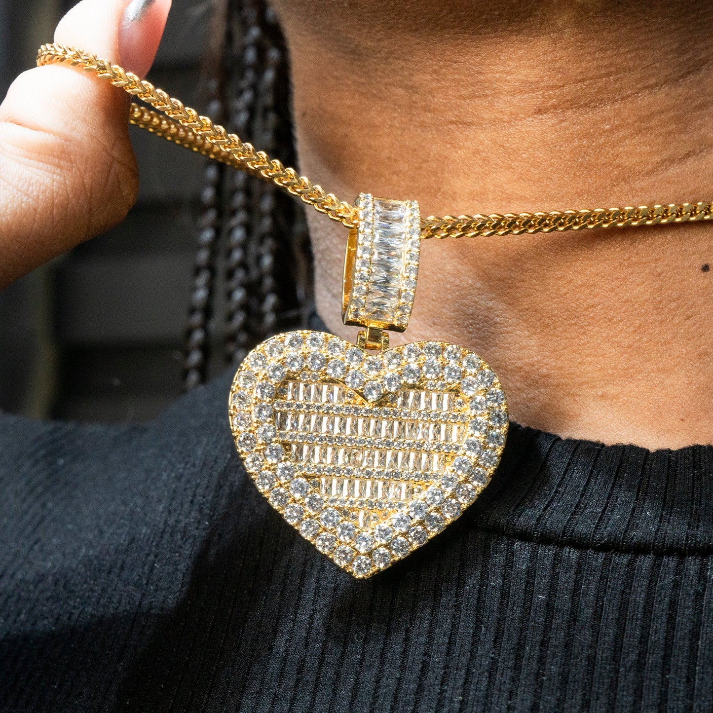 Womens Jewelry - 14K Gold Iced Out VVS Baguette Heart Necklace | Appx. 38 Grams