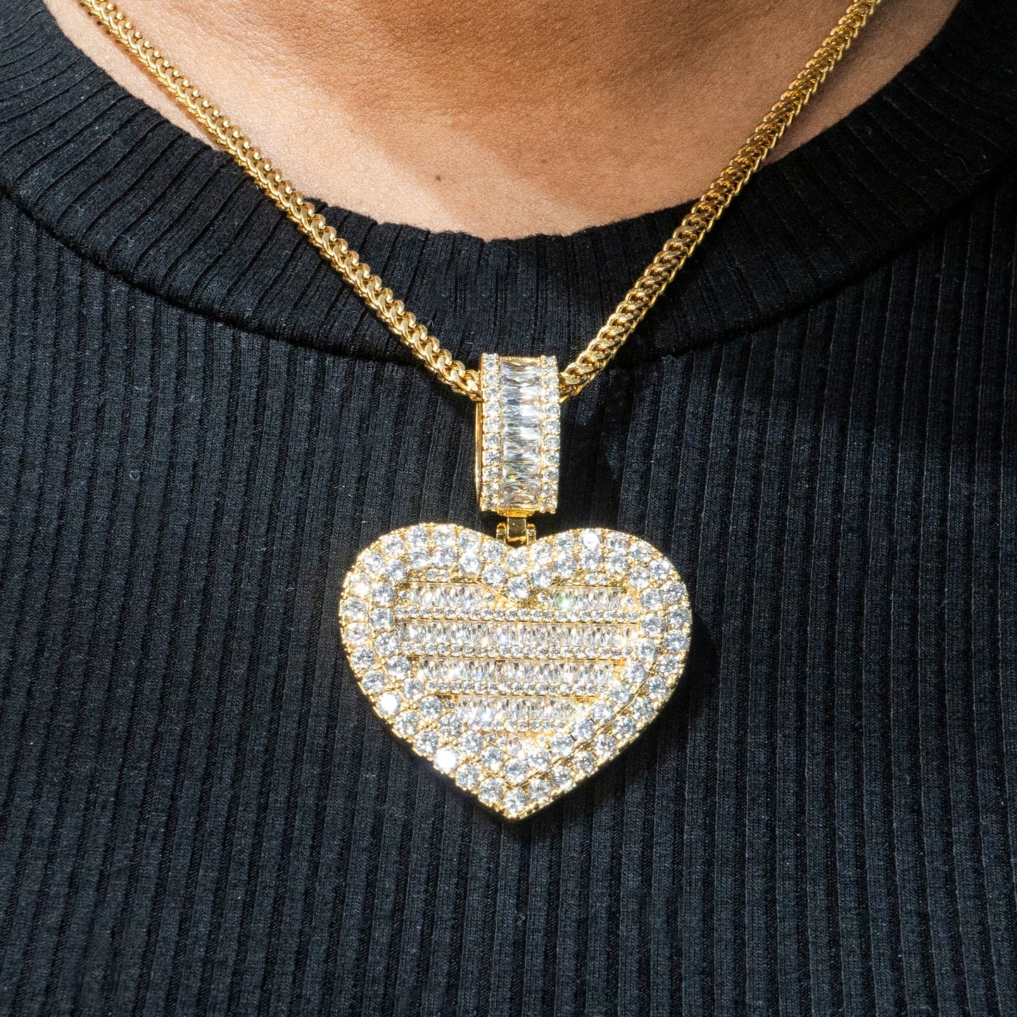 Womens Jewelry - 14K Gold Iced Out VVS Baguette Heart Necklace | Appx. 38 Grams