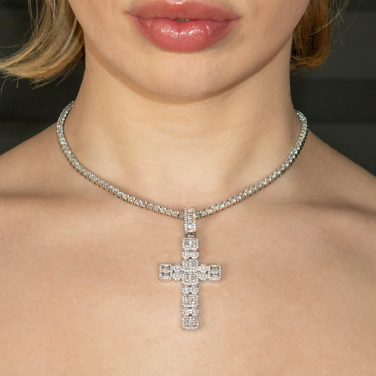 Womens Jewelry - Gold Iced Out VVS Baguette Cross Necklace | Appx. 20.3 Grams