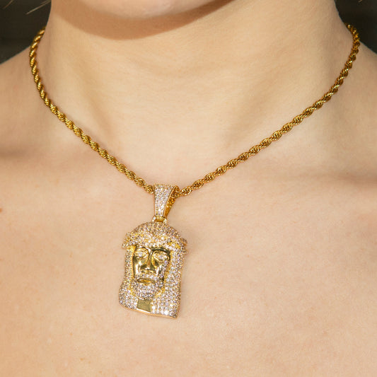 Womens Jewelry - Gold Iced Out VVS Jesus Head Necklace | Appx. 14.8 Grams