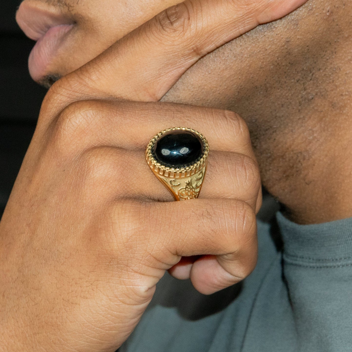 Mens Jewelry - Onyx Oval Gold Pinky Ring | 16 Grams