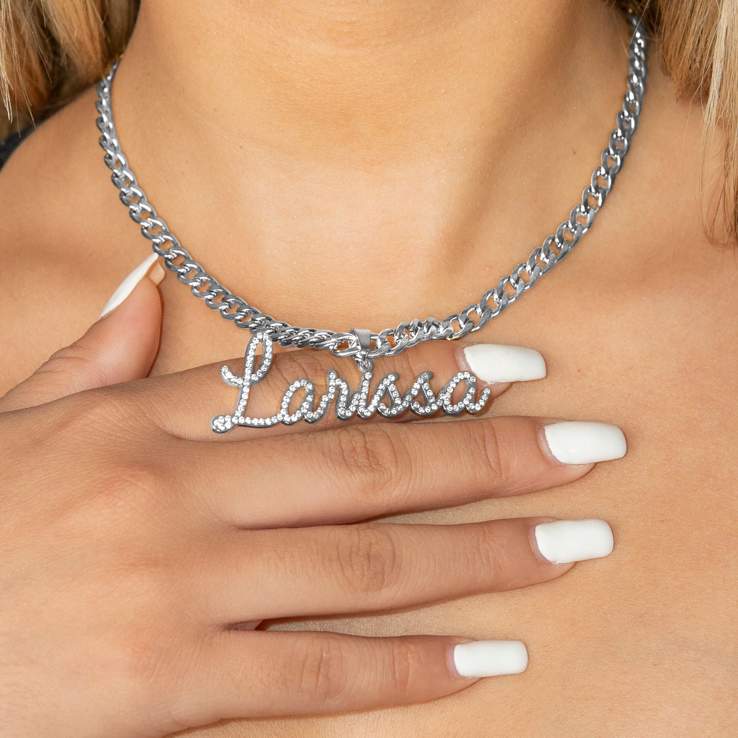 Women Jewelry - White Gold Iced Out VVS Name Necklace | Style # N26