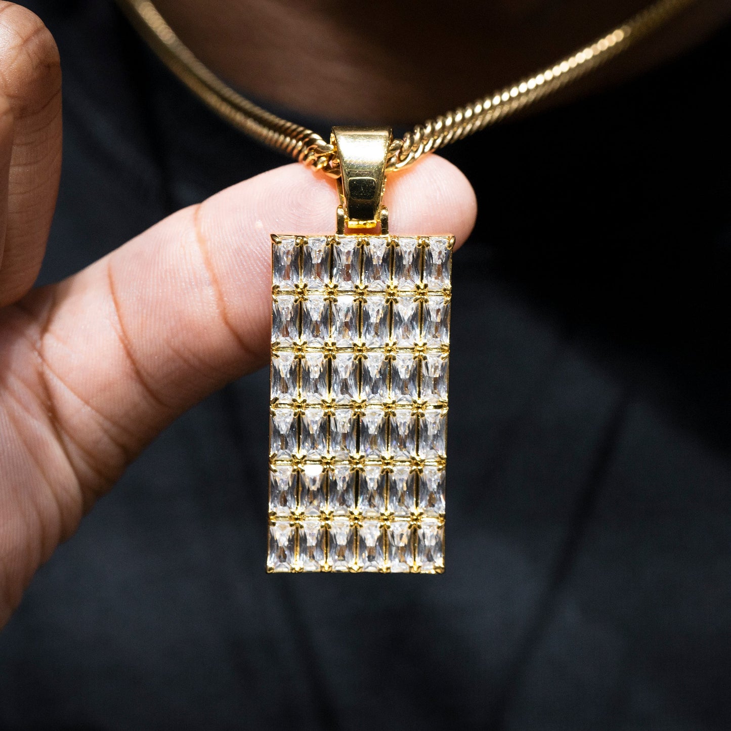 Mens Jewelry -  Gold Iced Out VVS Baguette Dog Tag Necklace | Appx. 13.5 Grams