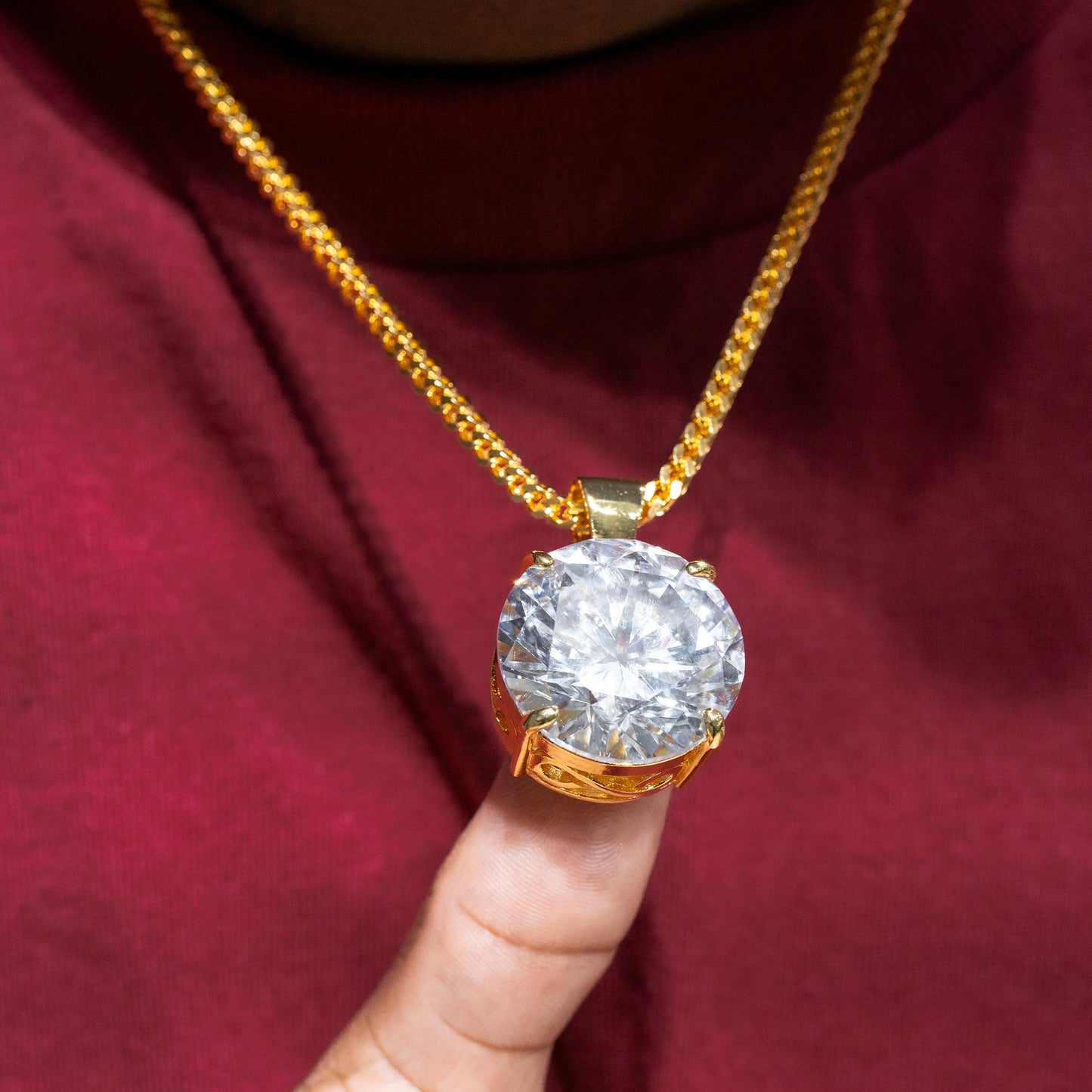 Mens Jewelry -  Gold Iced Out VVS Solitaire Necklace | Appx. 38 Grams