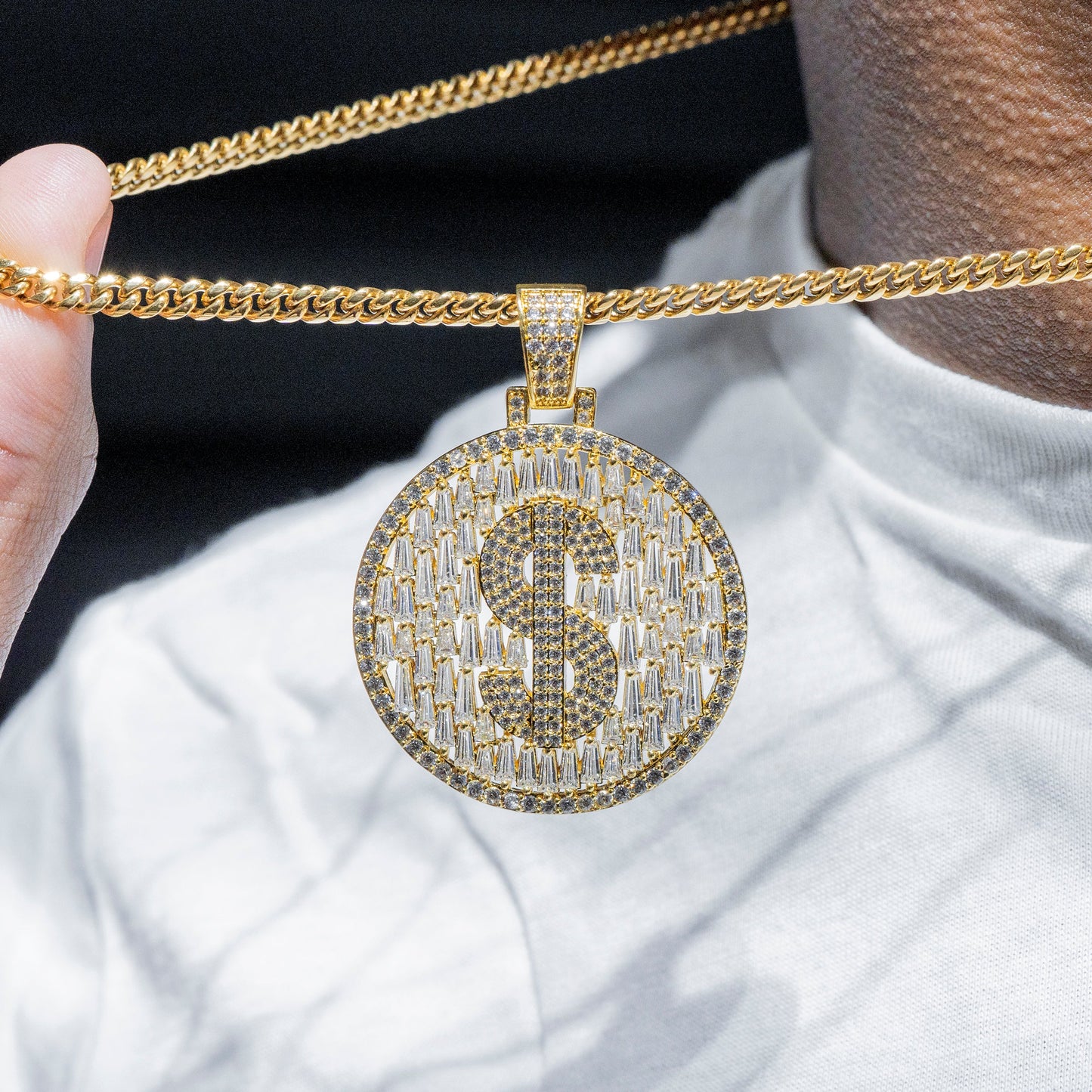 Mens Jewelry -  Gold Iced Out VVS Baguette Money Sign Necklace | Appx. 20.3 Grams