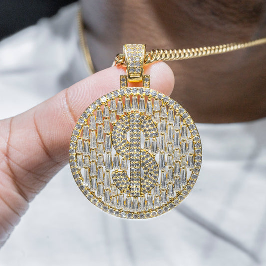 Mens Jewelry -  Gold Iced Out VVS Baguette Money Sign Necklace | Appx. 20.3 Grams