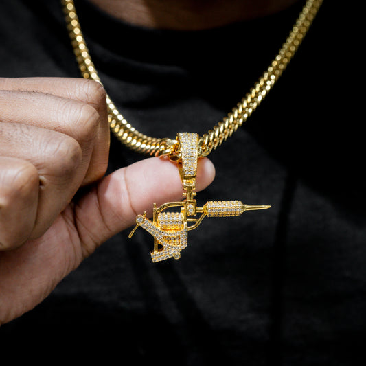 Mens Jewelry -  Gold Iced Out VVS Tattoo Machine Necklace | Appx. 22.7 Grams