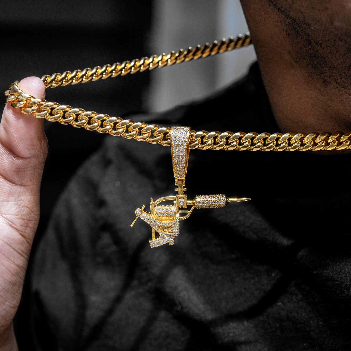 Mens Jewelry -  Gold Iced Out VVS Tattoo Machine Necklace | Appx. 22.7 Grams