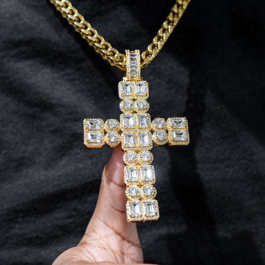 Mens Jewelry -  Gold Iced Out VVS Emerald Cluster Cross Necklace | Appx. 38 Grams