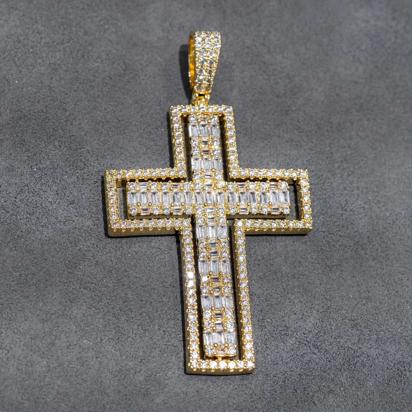 Mens Jewelry -  Gold Iced Out VVS Baguette Cross Necklace | Appx. 26 Grams