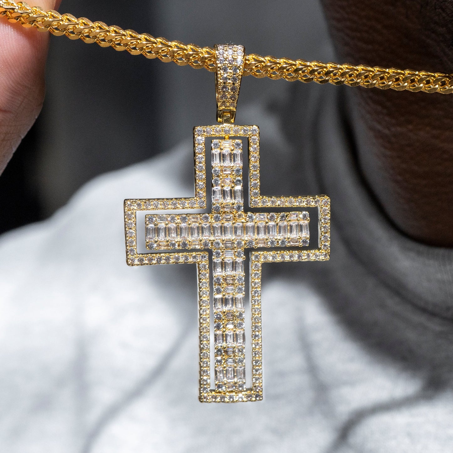 Mens Jewelry -  Gold Iced Out VVS Baguette Cross Necklace | Appx. 26 Grams