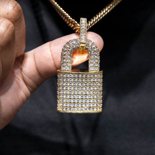 Mens Jewelry -  Gold Iced Out VVS Lock Necklace | Appx. 68 Grams