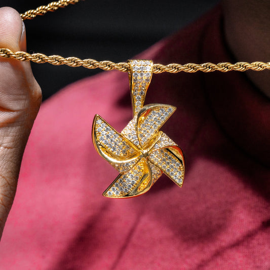 Mens Jewelry -  Gold Iced Out VVS Pinwheel Necklace | Appx. 20.7 Grams