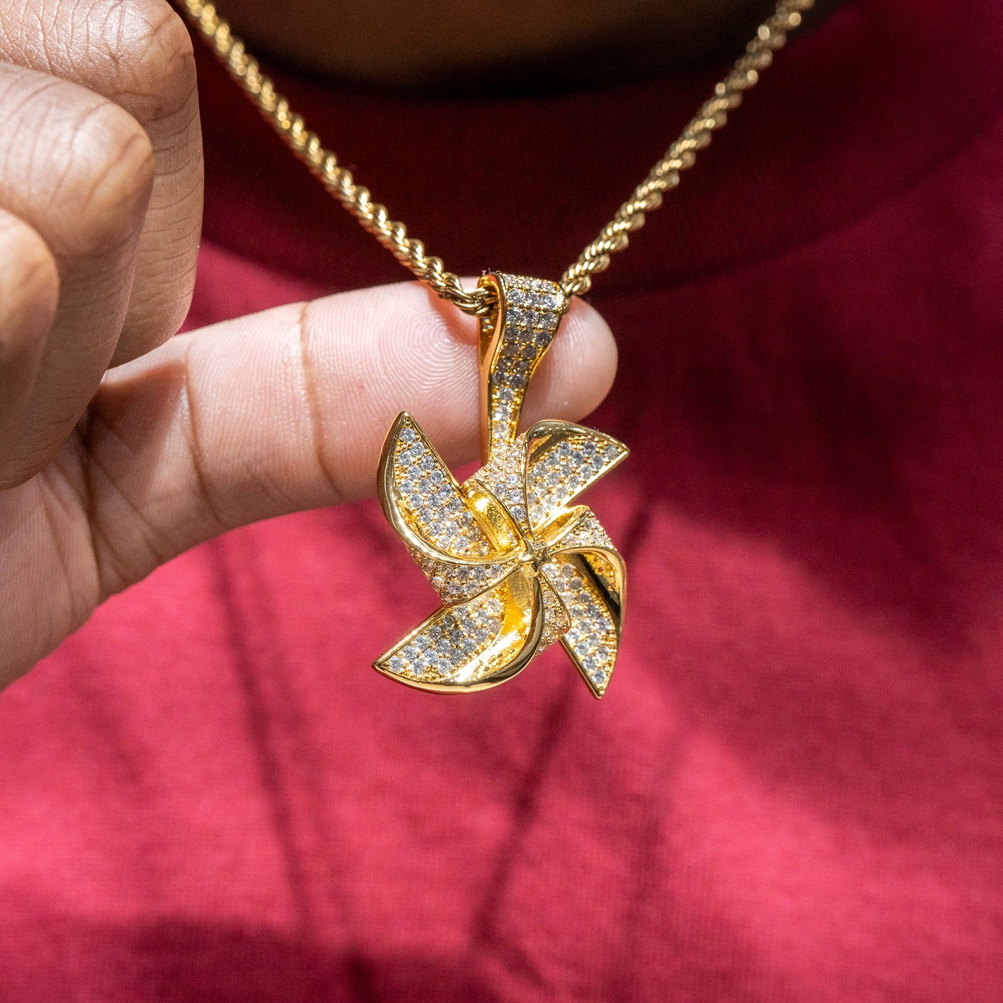 Mens Jewelry -  Gold Iced Out VVS Pinwheel Necklace | Appx. 20.7 Grams