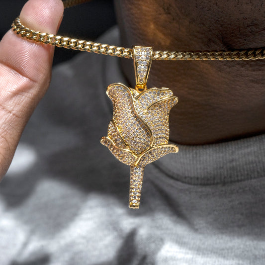 Mens Jewelry -  Gold Iced Out VVS Rose Necklace | Appx. 23.5 Grams