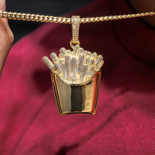 Mens Jewelry -  Gold Iced Out VVS Fries Necklace | Appx. 32 Grams