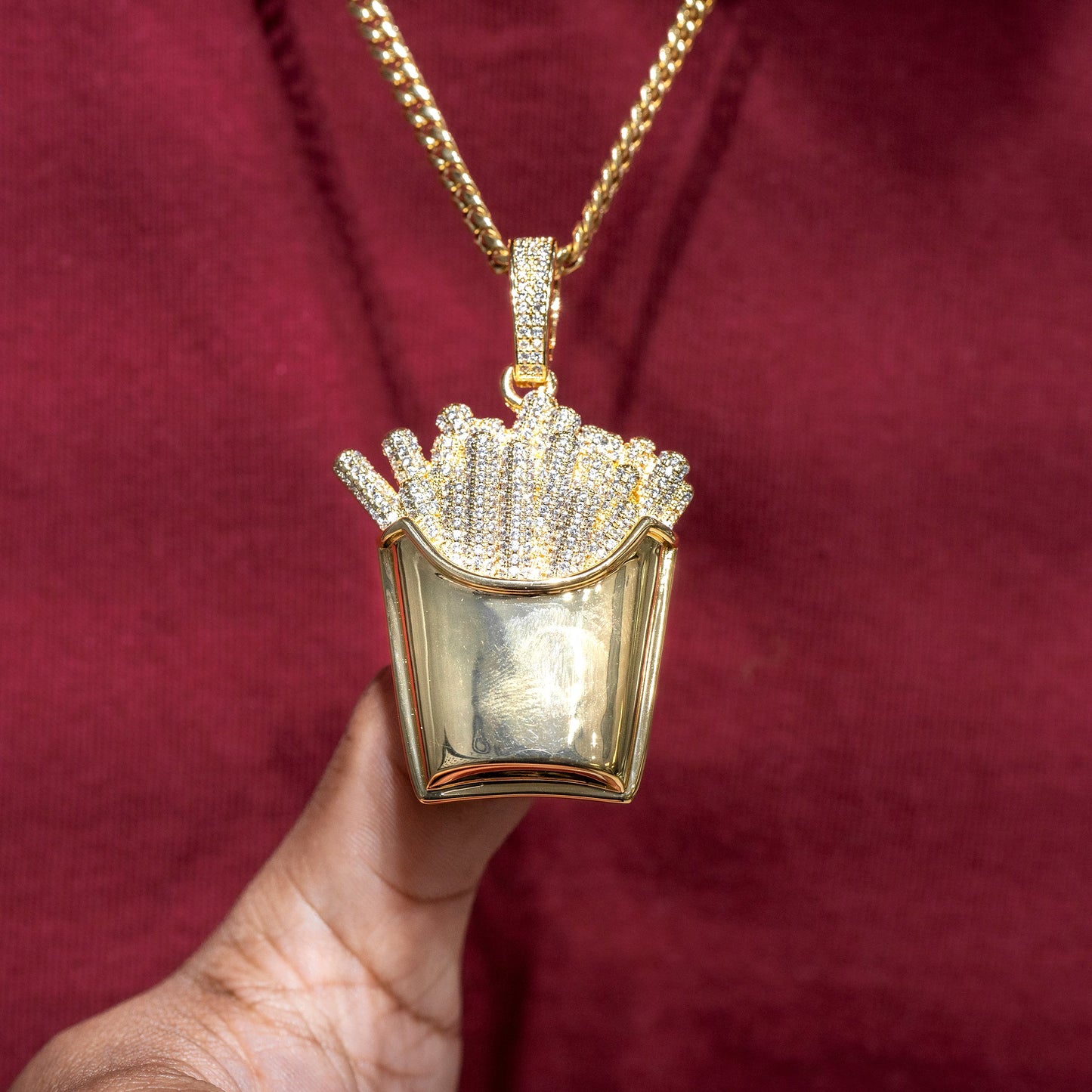 Mens Jewelry -  Gold Iced Out VVS Fries Necklace | Appx. 32 Grams