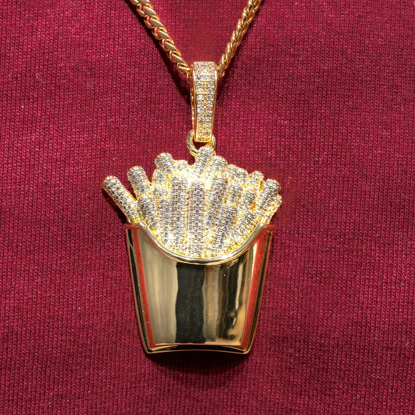 Mens Jewelry -  Gold Iced Out VVS Fries Necklace | Appx. 32 Grams