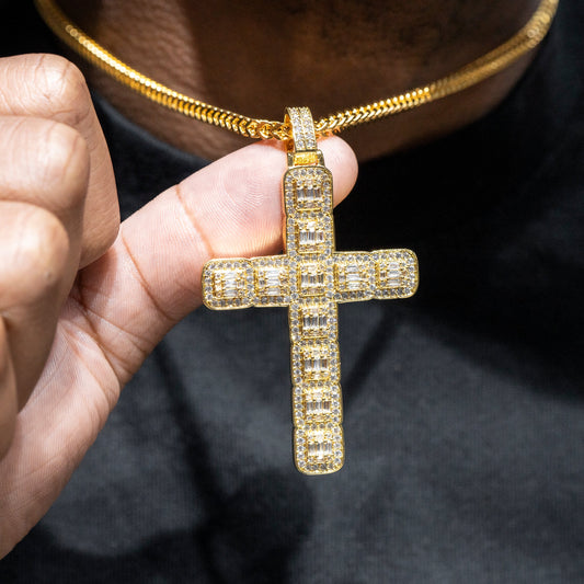 Mens Jewelry -  Gold Iced Out VVS Baguette Cluster Cross Necklace | Appx. 21.2 Grams