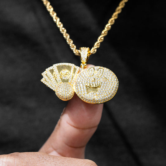 Mens Jewelry -  Gold Iced Out VVS Money Emoji Necklace | Appx. 25.8 Grams