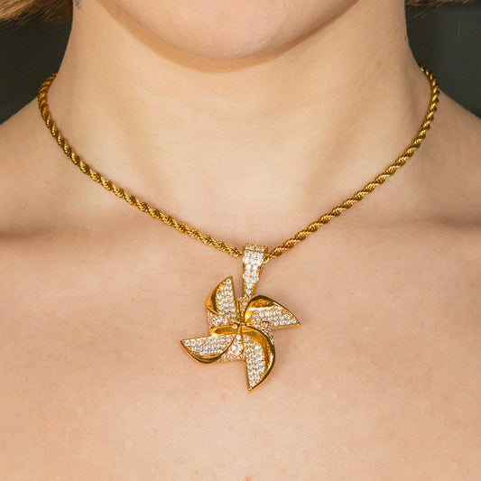 Womens Jewelry - Gold Iced Out VVS Pinwheel Necklace | Appx. 20.7 Grams