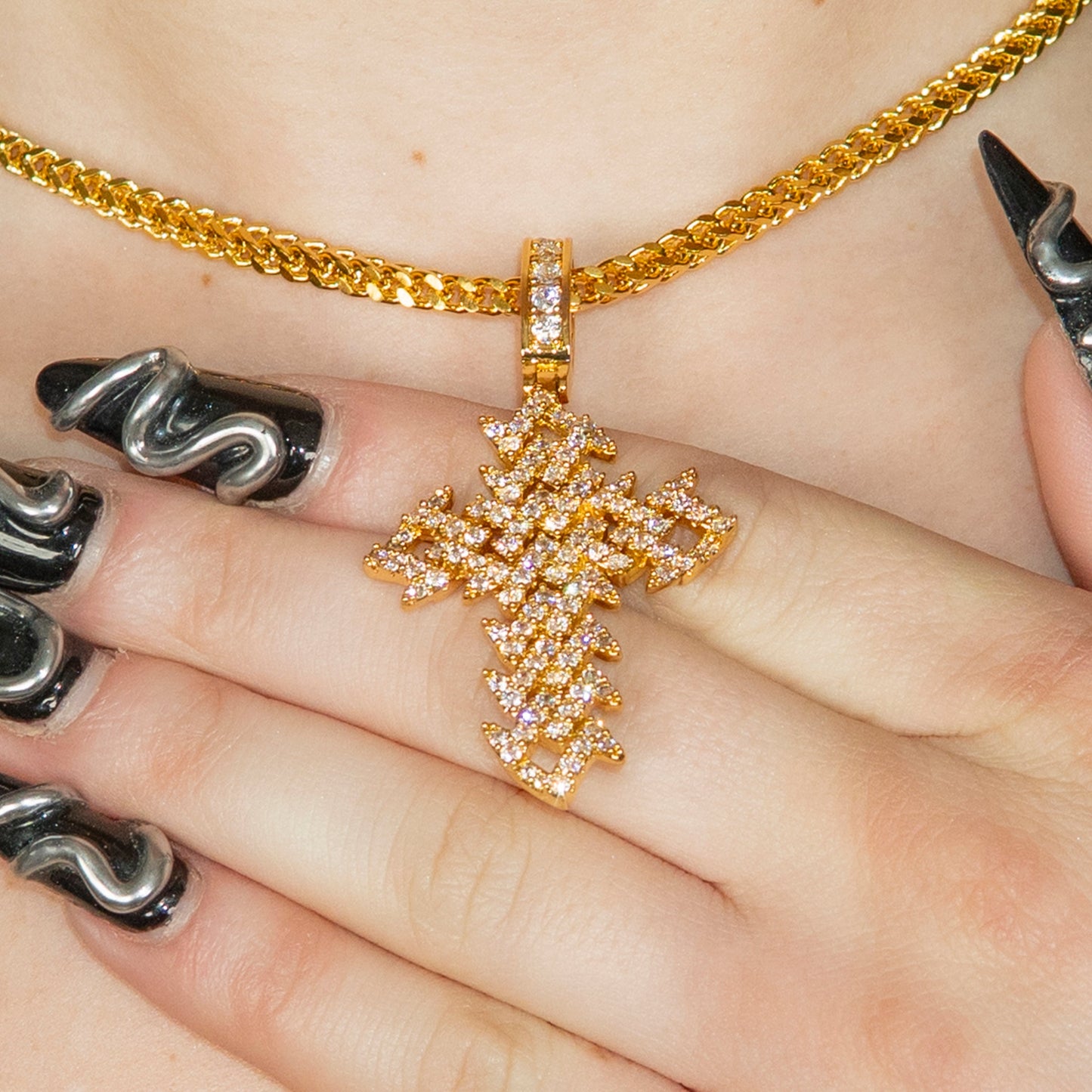 Womens Jewelry - Gold Iced Out VVS Spiked Cuban Cross Necklace | Appx. 17.4 Grams