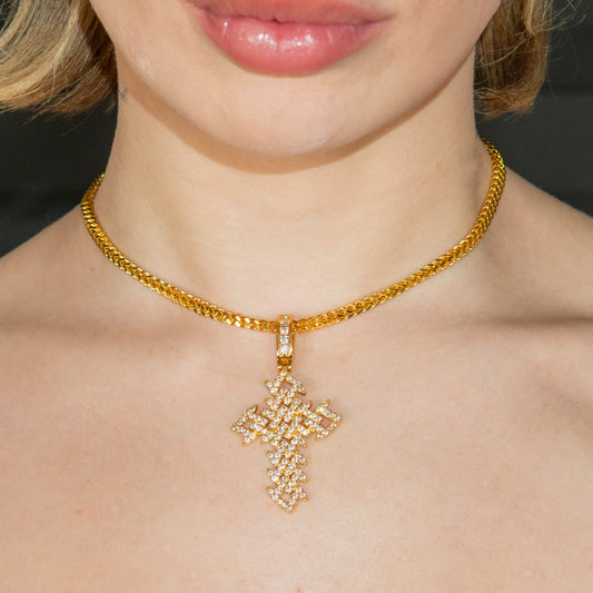 Womens Jewelry - Gold Iced Out VVS Spiked Cuban Cross Necklace | Appx. 17.4 Grams