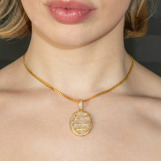Womens Jewelry - Gold Iced Out VVS Oval Baguette Dog Tag Necklace | Appx. 17.4 Grams