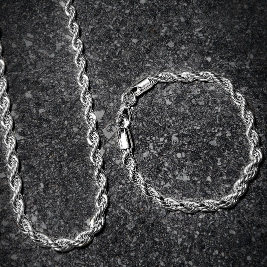 Mens Jewelry - 14K Solid White Gold Rope Chain & Bracelet ( 6 Mm )