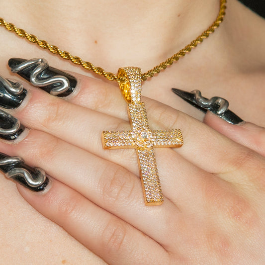 Womens Jewelry - Gold Iced Out VVS Cross Necklace | Appx. 20 Grams