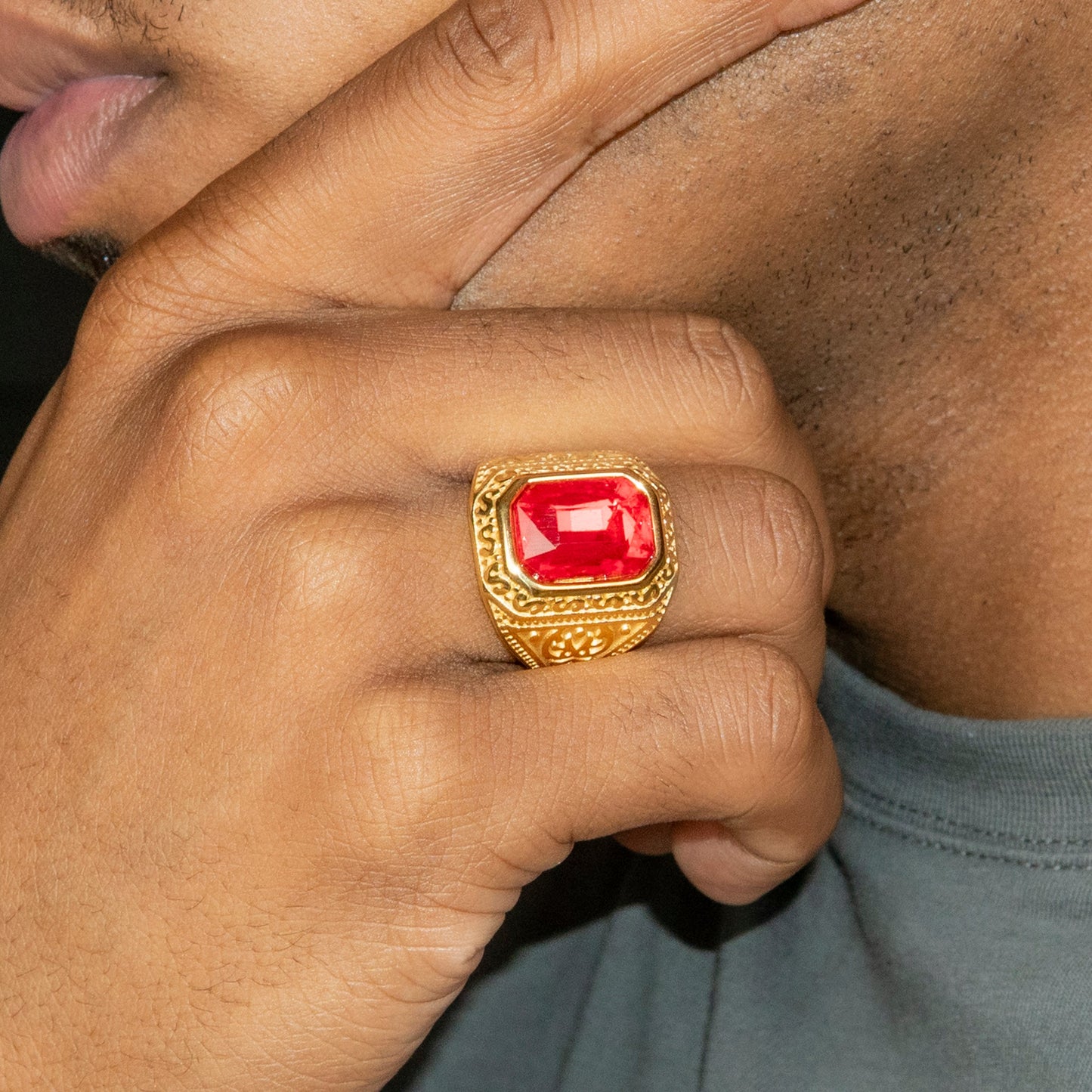 Mens Jewelry - Ruby Gold Pinky Ring | 15 Grams