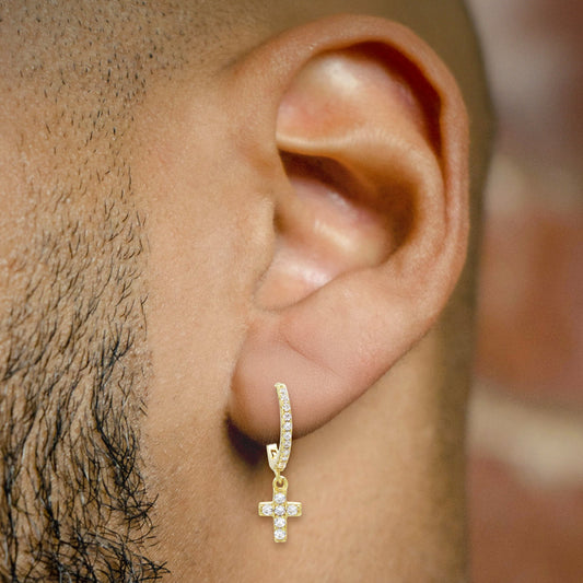 Mens Jewelry - Gold Cross Iced Out VVS Hoop Earrings for Men | Appx. 1.3 Grams