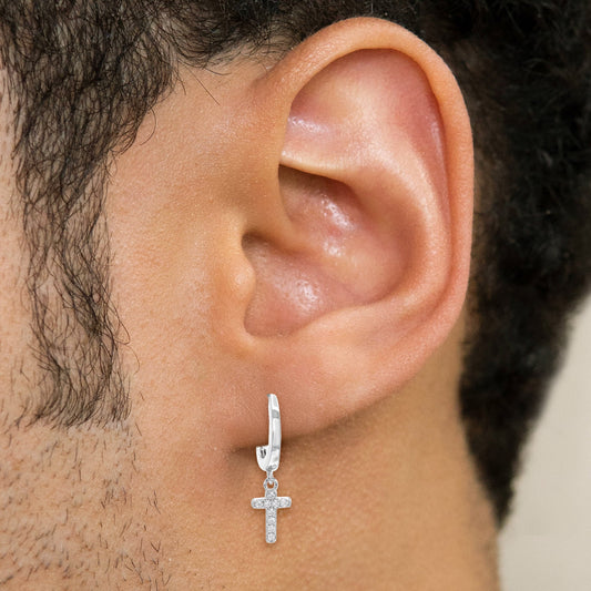 Mens Jewelry - Silver Iced Out VVS Hoop Cross Earring for Men | Appx. 2 Grams