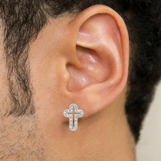 Mens Jewelry - Silver Open Cross Iced Out VVS Stud Earrings for Men | Appx. 2 Grams