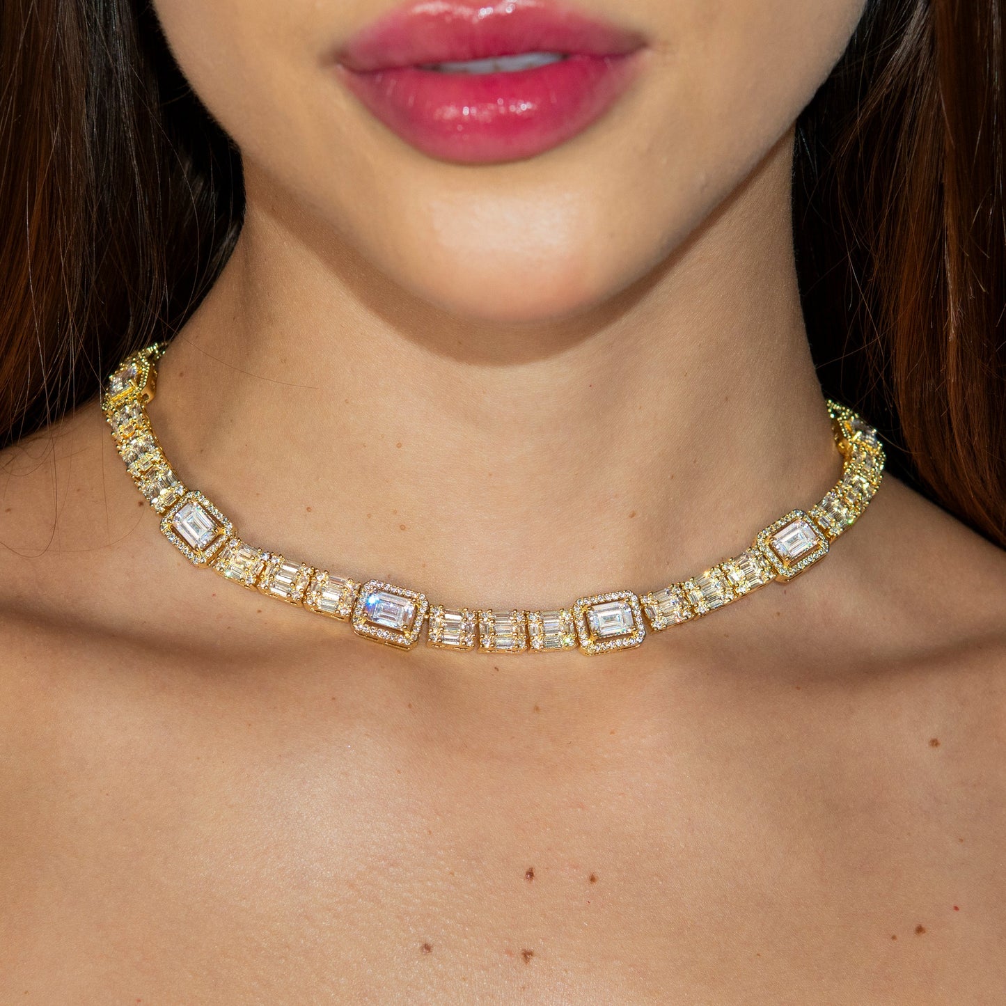 Gold Jewelry - Womens 14K Gold Iced Out VVS Cluster Baguette Chain