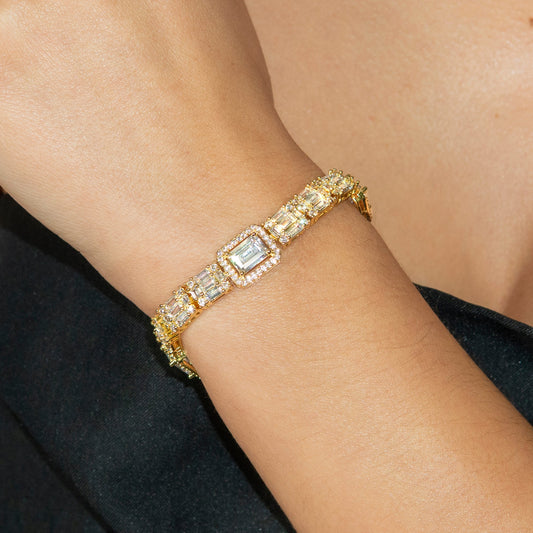 Gold Jewelry - Womens 14K Gold Baguette Cluster Iced Out VVS Tennis Bracelet